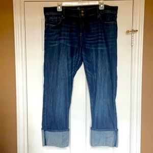 Kut cropped jean. Dark denim color with faded lines across the front.